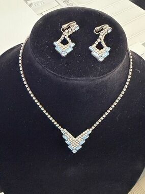 Vintage Blue Baguette Rhinestone Necklace & Clip-On Earrings Set
